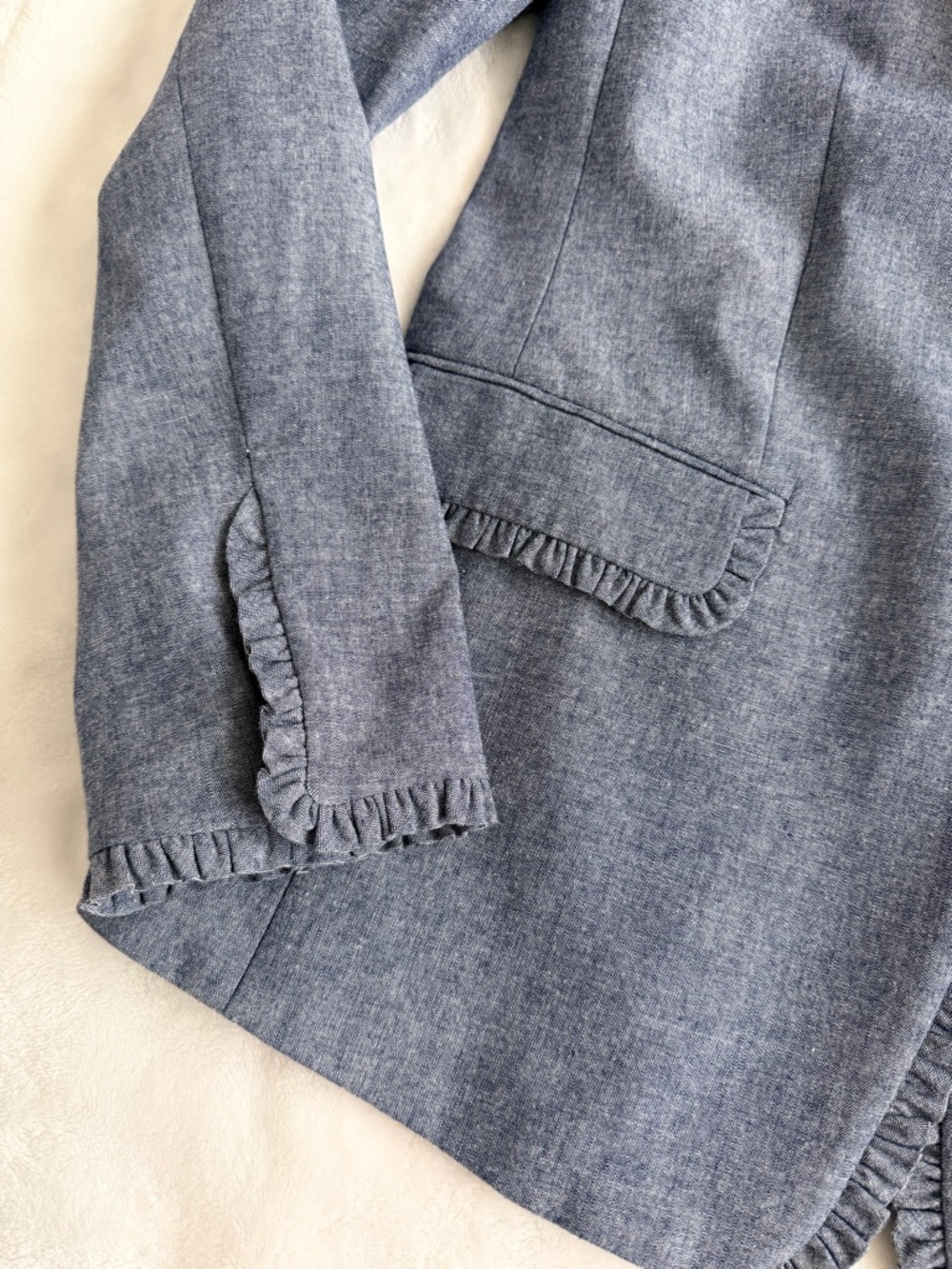 J. Crew Chambray Regent Light Blue Ruffle-Trim Single-Button Blazer 100% Cotton - Picture 4 of 8